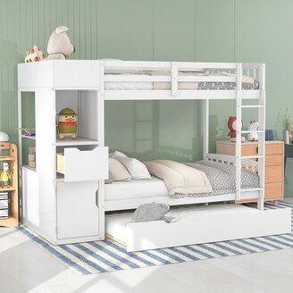 RASOO Twin Size Bunk Bed, Wood Kids' Beds with Pull-out Trundle Bed and Locker