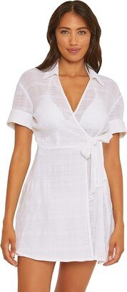 Playa Textured Collared Wrap Shirtdress Cover-Up (White) Women's Swimwear