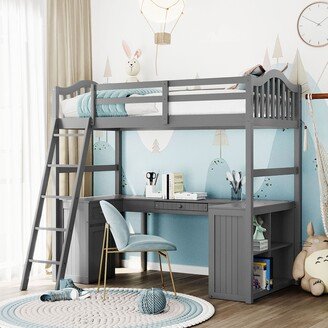 Sunmory Twin size Loft Bed with Drawers, Cabinet, Shelves and Desk, Wooden Loft Bed with Desk