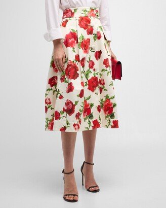 Floral-Print Button-Front Pleated Midi Skirt