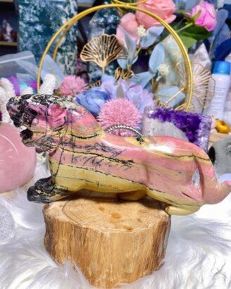 Large Rhodochrosite Rhodonite Tiger Carving, Jewelrylous Quartz Crystal Figurine, Pink Magical Animal Sculpture