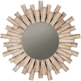 32 x 32 Inch Round Accent Wall Mirror, Sunburst Wood Frame, Brown