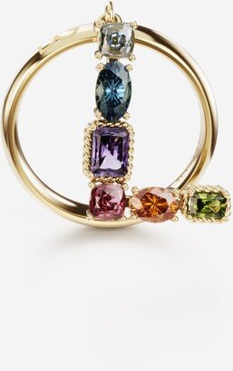 Rainbow alphabet L ring in yellow gold with multicolor fine gems