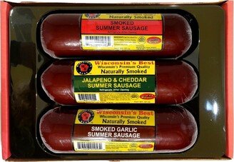 Wisconsin's Best Summer Sausage Sampler Gift Box, 3-12 oz. Sausage, Original, Garlic and Jalapeno with Cheddar Cheese. Perfect Father's Day Gift. Gifts for Dad. - Asso