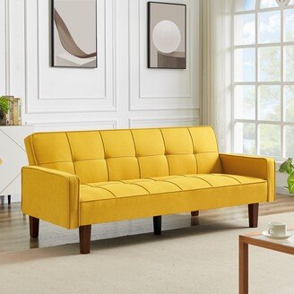 GEROJO Linen Futon Sofa Bed with Square Arm and Solid Wood Legs, Multi-angle Adjustable Backrest for Small Spaces