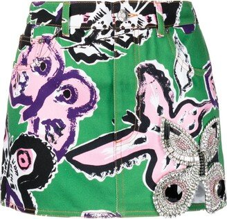 Butterfly-Print Crystal-Embellished Miniskirt