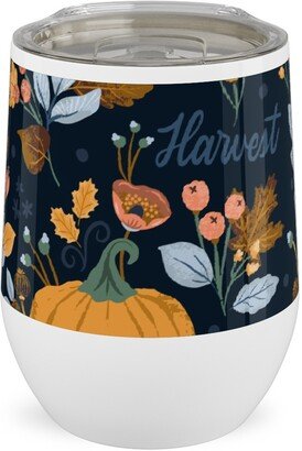 Travel Mugs: Smaller Scale Elegant Navy Fall Floral - Harvest Gratitude + Cozy Petal Solids Stainless Steel Travel Tumbler, 12Oz, Orange