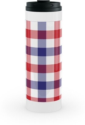 Travel Mugs: Red White And Blue Gingham Checks Stainless Mug, White, 16Oz, Multicolor