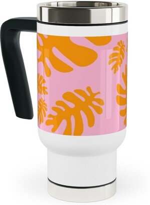 Travel Mugs: Funky Tropical Leaf - Orange And Blush Travel Mug With Handle, 17Oz, Pink