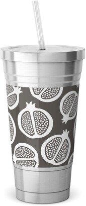 Travel Mugs: Pomegranate - Black & White Stainless Tumbler With Straw, 18Oz, Gray