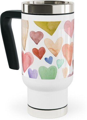 Travel Mugs: Earth Tone Hearts - Multi Muted Travel Mug With Handle, 17Oz, Multicolor