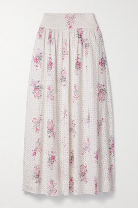 Aventi Gathered Floral-print Broderie Anglaise Cotton-voile Maxi Skirt - White