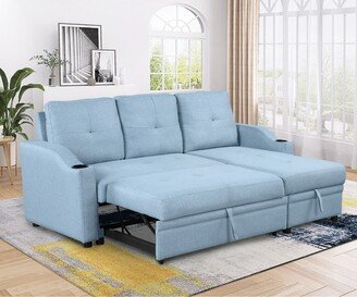 RASOO Linen Fabric 3-Seater Couch with Pull Out Sofa Bed, Storage Chaise & Cup Holder