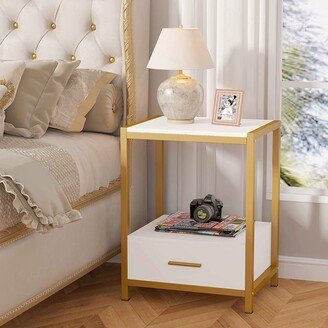 BLUEBELL White and Gold Nightstands with Drawer and Storage Shelf, Modern Bedside Table End Table