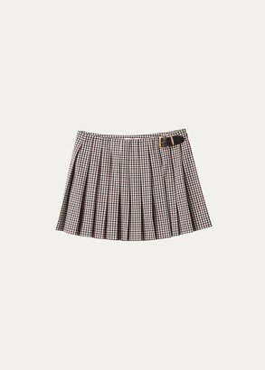 Logo-Emboidered Pleated Gingham Check Mini Skirt