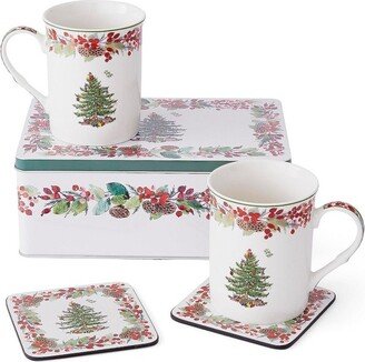 Christmas Tree 2023 Annual 5 Piece Mug and Coaster Set with Tin Gift Box, Porcelain Mugs and Cork-Backed Coasters