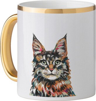 Mugs: Maine Coon Custom Text Mug, Gold Handle, 11Oz, Multicolor