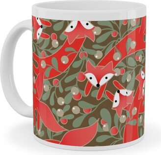 Mugs: Red Fox Mistletoe Ceramic Mug, White, 11Oz, Red