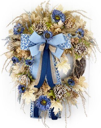 Elegant Boho Glam Blue Fall Wreath For Front Door, Harvest Sunflower Pampas Wreath, Neutral Maple Leaf Decor, Deluxe Chic Autumn