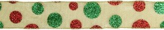 Northlight Glitter Red and Green Polka Dotted Christmas Craft Ribbon 2.5