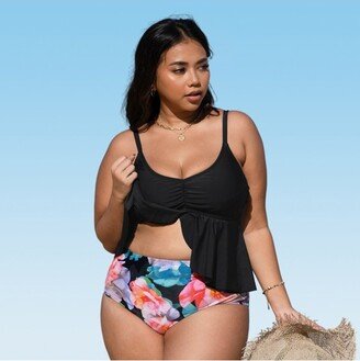 Women's Plus Size Flutter High Waist Tankini Set 1X-Multi