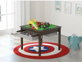 2 in 1 Kids Activity Lego Table Set with Storage, Kids Table with 2 Chairs, Espresso with Gray Drawer