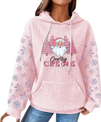 BilyBY Women's Christmas Printed Hooded Sweatshirt Top Long Sleeve Womens Fall Winter Drawstring Waffle Pullover with Pocket
