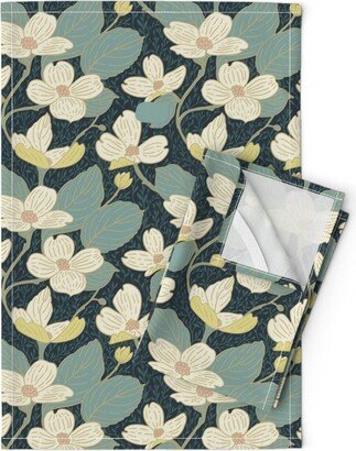 Vintage Floral Tea Towels | Set Of 2 - Dogwood By Katie Oshea Design Teal Botanical Linen Cotton Spoonflower