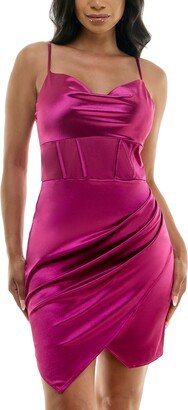 Juniors' Cowlneck Side-Pleated Sleeveless Bodycon Dress