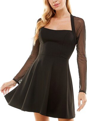 Juniors' Sheer-Long-Sleeve Skater Dress