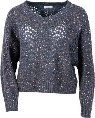 Long-sleeved V-neck Sweater With Special Workmanship In Soft And Light Feather Cashmere Embellished With Dazzling Thread Featuring Small Sequins