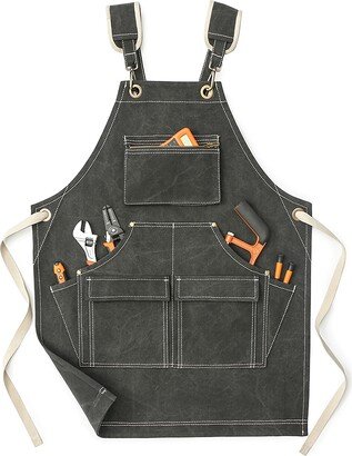 Personal Heavy Duty Waxed Unisex Canvas Work Apron With Tool Pockets Cross Back Straps Adjustable For Woodworking Painting 5003