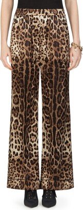 Leopard Print Wide Leg Stretch Silk Satin Pajama Pants