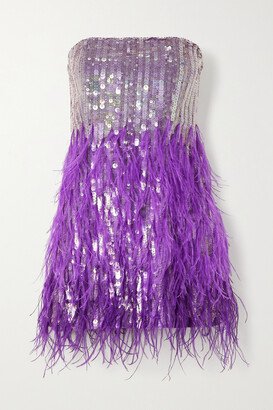 Anastasia Strapless Feather-trimmed Sequined Crepe Mini Dress - Purple