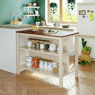 BESTCOSTY Solid Wood Rustic Stationary Kitchen Island with 2 Open Shelves