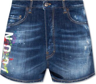 Icon Paint-Splatter Distressed Denim Shorts