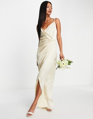 Bridesmaid cami strap satin wrap maxi dress in champagne