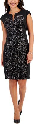 Petite Cap-Sleeve Sequin-Front Sheath Dress