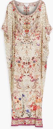 Crystal-embellished printed silk kaftan