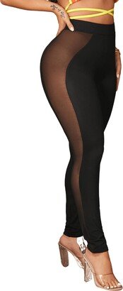 MakeMeChic Women's Sheer Mesh High Waist Panty Lined Leggings Pants Regular Black B M