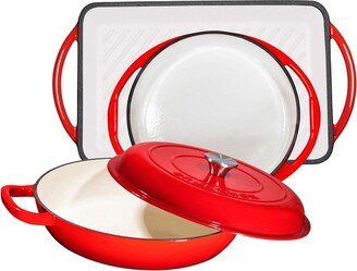 Red Enameled Cast Iron 3 Piece Gift Set: Braiser Pan, Grill Pan & Tarte Tatin Dish Pan, 3.8 Quart