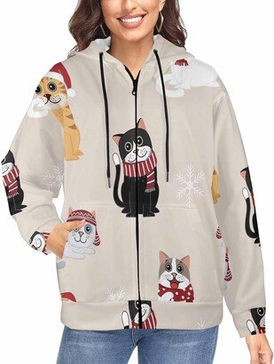 LOSARON Cat In Christmas Snowflake Women's Full-Zip Hooded Sweatshirt Oversized Sweaters Lightweight Dressy Streetwear with Pockets 3XL