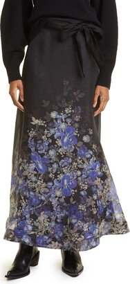 Placed Iris Print Linen & Silk A-Line Skirt