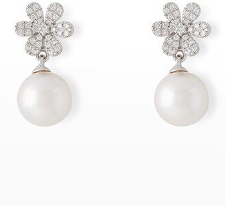 Pearls By Shari 18K White Gold Diamond Flower and 8.5mm Akoya Pearl Drop Earrings