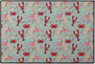 Door Mats: Ocean Creatures - Red On Green Door Mat, Red