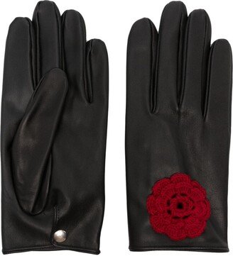 Crochet-Flower Leather Gloves