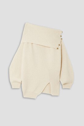 Asymmetric embellished ribbed cashmere and wool-blend sweater