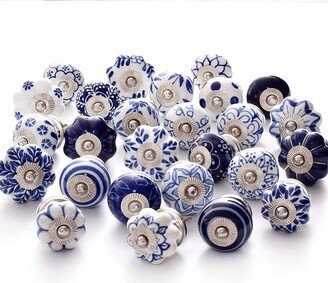 Assorted Floral Decorative Ceramic Round Cabinet Knobs, Drawer Door Knobs - Pack Of 12 | Blue
