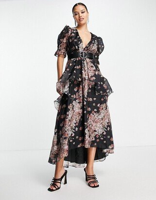 dark sleeve voile midi tea dress with puff sleeve and belt