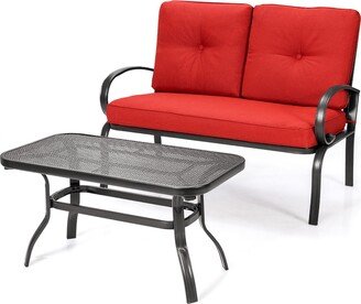 2PCS Patio LoveSeat Coffee Table Furniture Set Bench